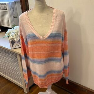 Loft pink orange blue striped V neck long sleeve sweater Size M EUC